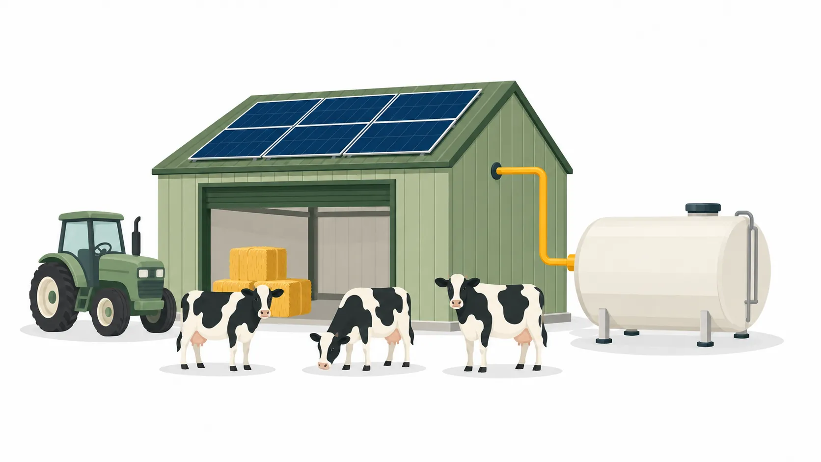 Illustration of a solar-powered farm shed with three cows, a tractor and a milk cooling tank