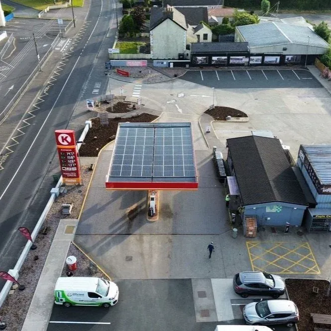 Aerial view of the 78kWp solar PV canopy and Efficient Renewables install at Daly's Circle K, Lifford