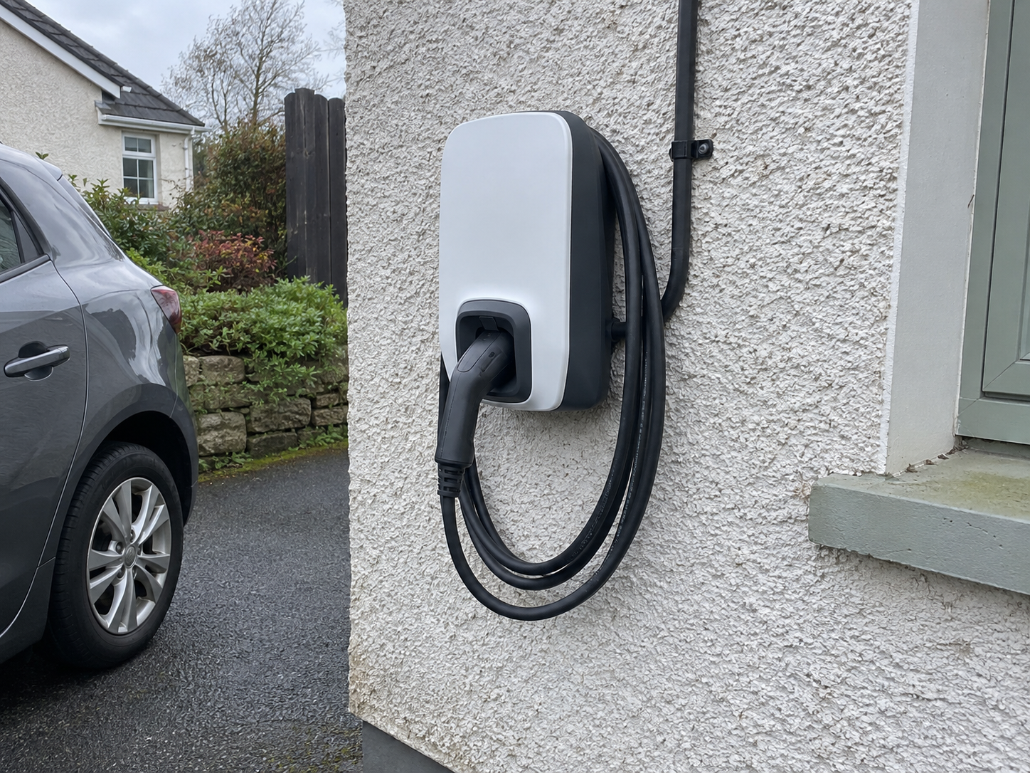 Illustrative home EV charger mounted on an exterior wall (AI-generated)