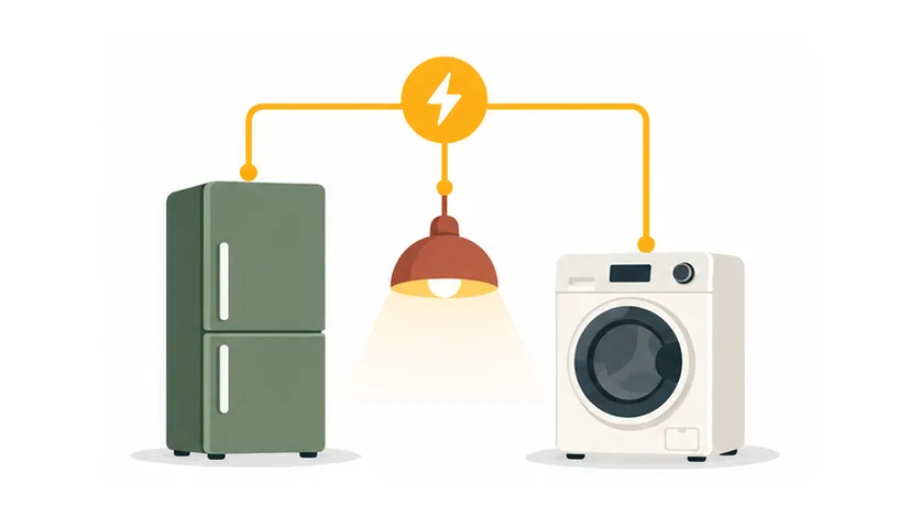 Illustration of electricity powering a refrigerator, lamp and washing machine