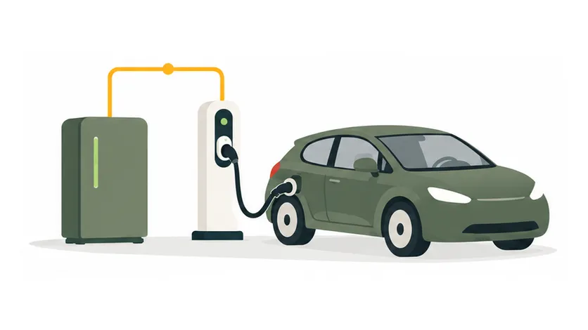 Illustration of battery storage and an electric car connected to a charger
